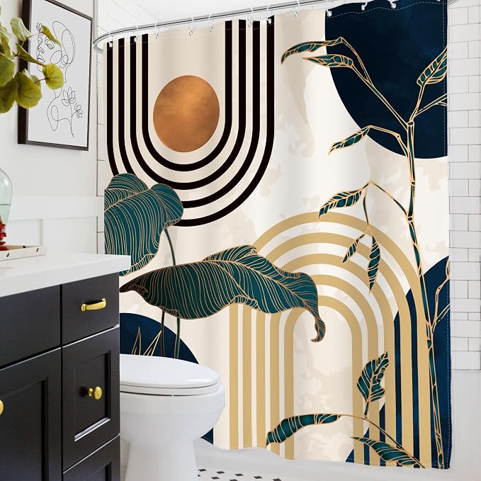 Glawry Blue Abstract Mid Century Shower Curtain Boho Retro Tropical Palm Tree Modern Sun Arch Bathroom Aesthetic Geometric 72Wx72L Inches Bath Accessories Art Home Decor Fabric 12 Pack Hooks