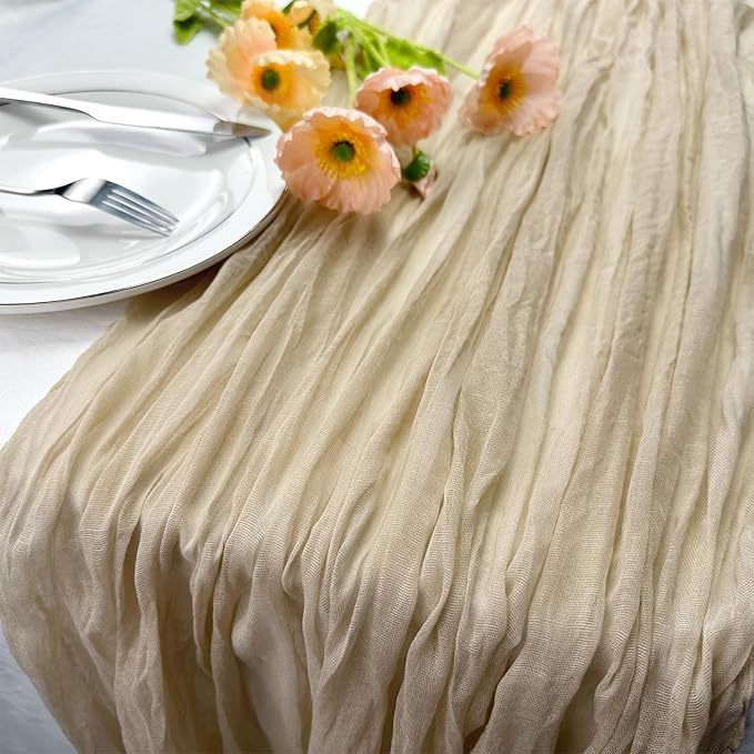 Booque Valley Beige Cheesecloth Table Runner 10ft Super Soft Boho Wrinkled Gauze Sheer Cloth for Baby Shower Baptism Birthday Party Wedding Centerpiece Table Decoration, 35x120 Inch