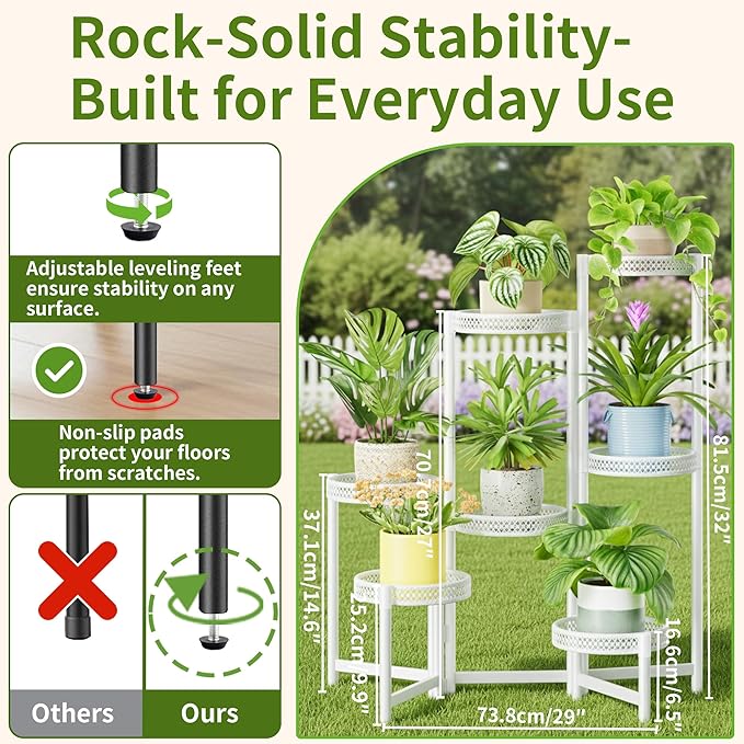 7 Tier Plant Stand Indoor Outdoor, Corner Tiered Plant Stands, Planter Display Rack for Multiple Plants, Wrought Iron Flower Stand, Folding Tall Plant Rack Shelf for House Patio Garden - WhiteWave