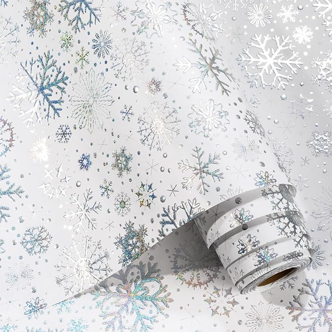 Flyhill Kraft Christmas Wrapping Paper-Silver Snowflake Metallic Embossed Foil Luxury Gift Wrap Roll Design for Holiday, Party,Celebration, New Year (17 Inch X 32.8 Feet)