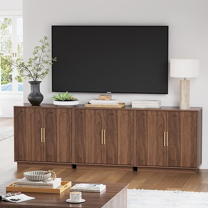 FORTUNETEC Sideboard Buffet Cabinet with Storage Set of 2, Mid Century Modern Accent Cabinet with Arched Doors, Modular Media Console, Credenza for Living Room Kitchen Dining Room Entryway, Walnut