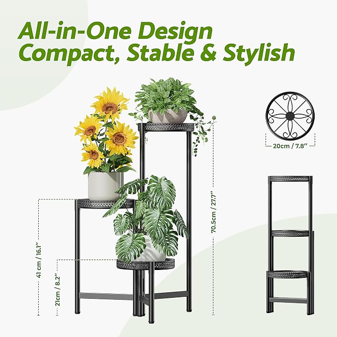 Plant Stand Indoor Outdoor, 3 Tier Corner Metal Flower Display Holder Shelf, Folding Tall Plant Rack for House Patio Balcony Porch Living Room, Heavy Duty Anti-Rust Wrought Iron - BlackS