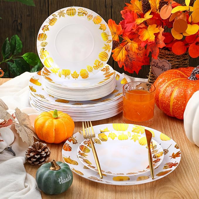 Suclain 60 Pcs Thanksgiving Party Disposable Plastic Plates Gold Fall Bridal Baby Shower Party Decoration Serves as 30 10.25'' Dinner Plates 7.5'' Dessert Plate for Thanksgiving Wedding Engagement