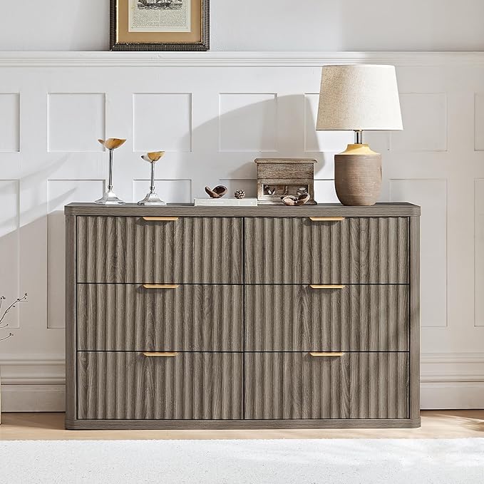 LEYAOYAO Fluted 6 Drawers Dresser Set of 2, 48" Wide Modern Chest of Drawers with Wood Grain Top, Curved Profile Design, Dresser TV Stand, Wooden Drawer Organizer for Bedroom, Living Room,Hallway,Grey