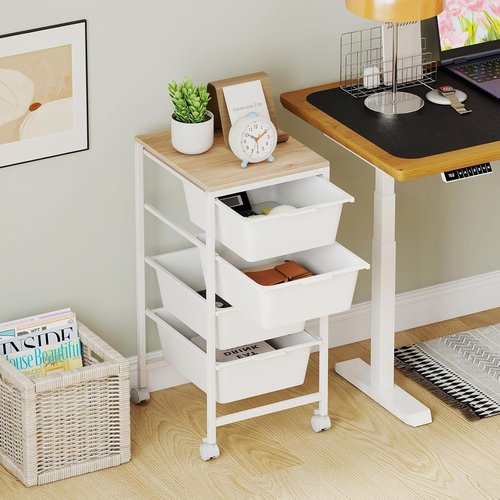 LDAILY 4-Drawer Rolling Storage Cart - Metal Frame with Wooden Tabletop & Lockable Wheels | White
