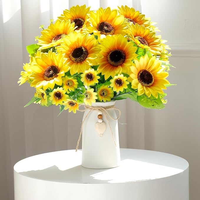 Artificial Sunflower Arrangement in Cream Vase, Silk Fake Flowers in Vase with Jute Rope & Heart Charm, Table Centerpieces for Dining Room, Kitchen and Table Décor