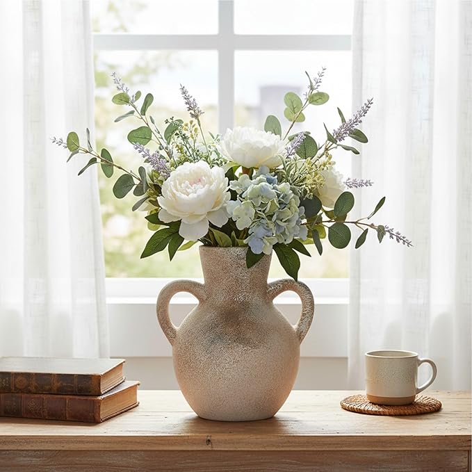 Ceramic Flower Vase with Handles,7.5 Inch Rustic Farmhouse Vases Home Decor for Living Room,Handmade Pottery Terracotta Vintage Vase for House Bedroom Decorations for Dining Table Shelf Decor Office