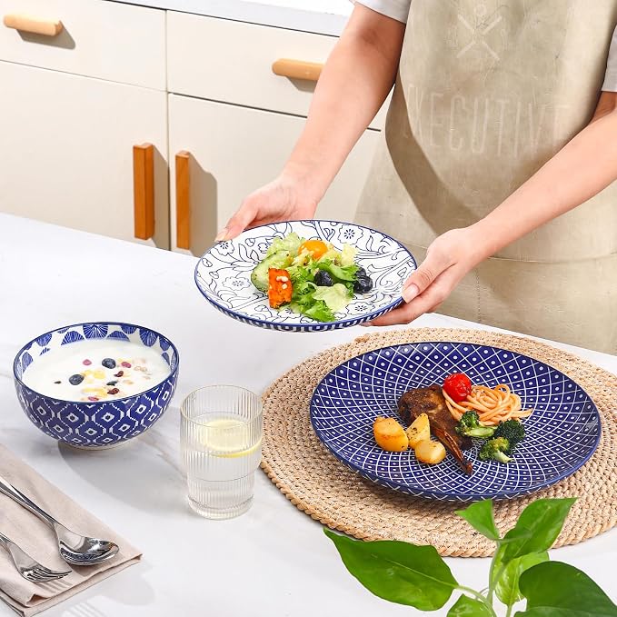 Selamica Ceramic Plates and Bowls Sets,12 Pieces Dinnerware Sets for 4,Scratch Resistant Dish Set,Dishwasher & Microwave Safe, Vintage Blue