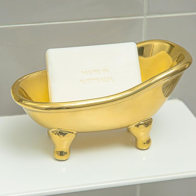 5.6" Ceramic Mini Bathtub Soap Dish Decortative Clawfoot Bathroom Soap Dish (Golden)