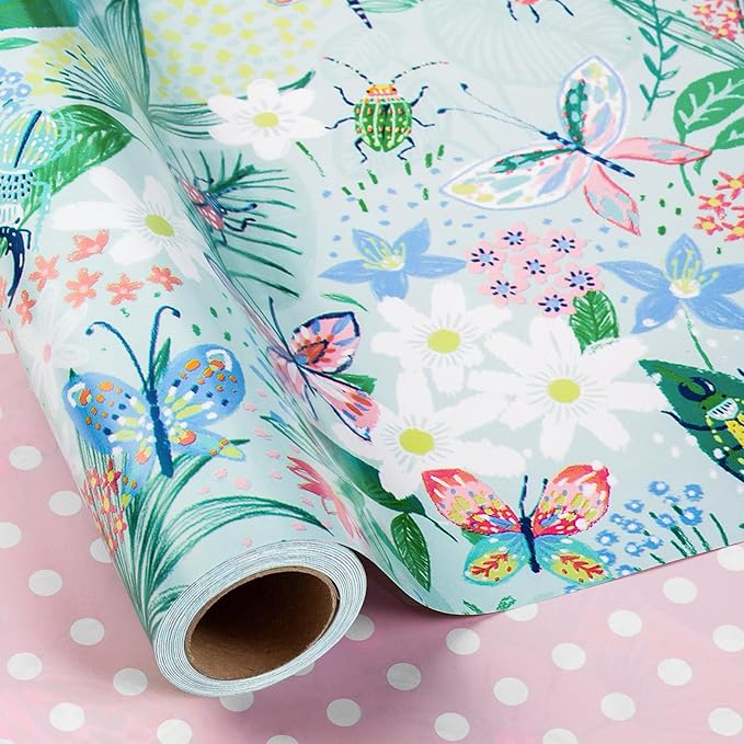 Burymento Reversible Butterfly and Floral Design Wrapping Paper Roll - Pink and white polka dot design on the other side, suitable for Valentine's Day, Birthday, Mother's Day, Wedding, Baby Shower