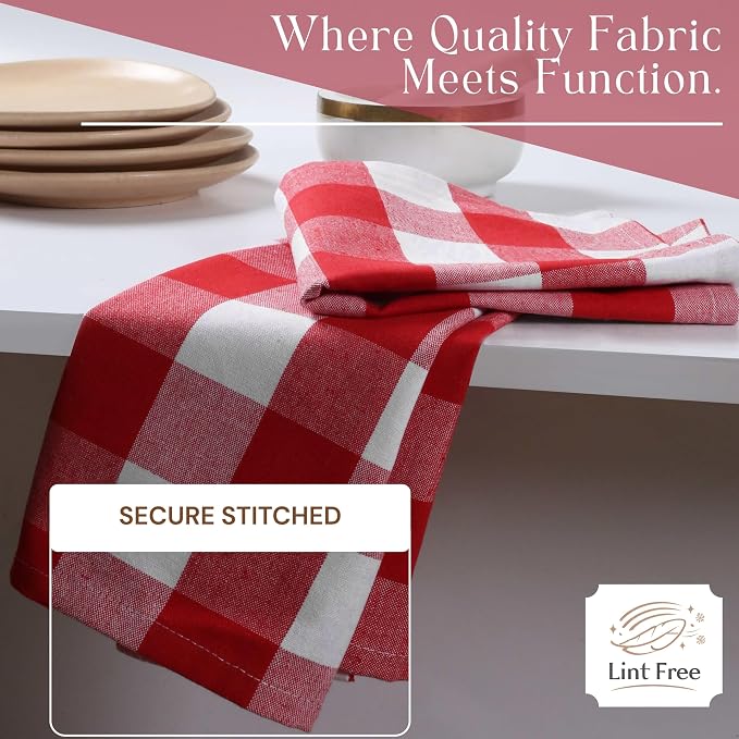 Red Buffalo Plaid Checked Dish Towels 4 Pack, 100% Cotton, 16x26 Inches, Super Absorbent, Quick Drying, Soft, Lint-Free, Durable Tea & Bar Towels with Hanging Loop, Grey and White