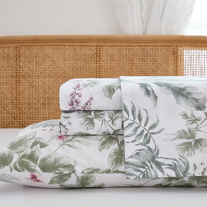 100% Cotton Sheet Set Queen Size – 4-Piece Vintage Sage Green Floral Bedding Set, Soft Breathable Percale Weave, Deep Pocket Fitted Sheet 17.5", Crisp Cool Feel, Refined Botanical Elegance