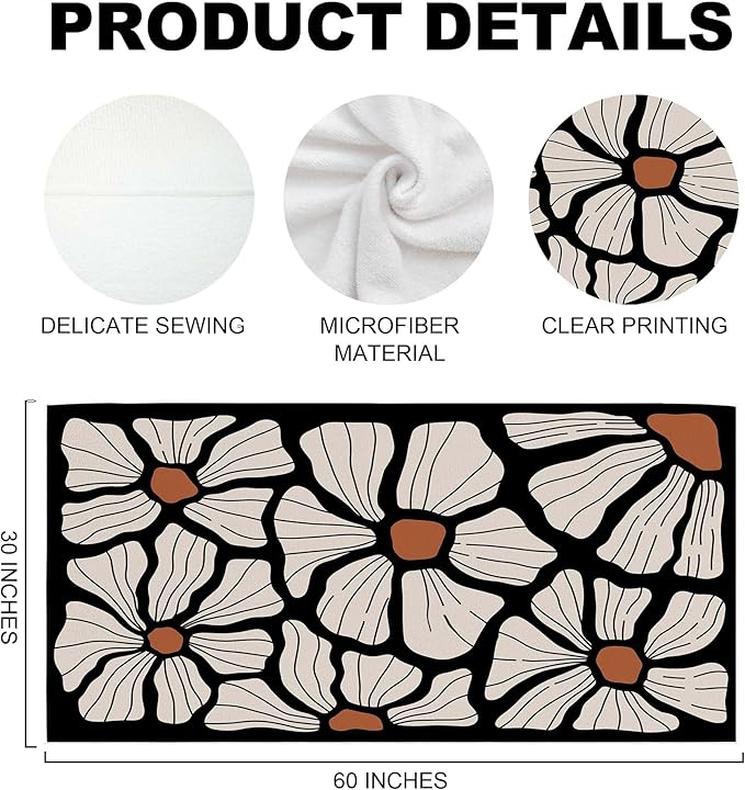 Boho Floral Beach Towel, Boho Floral Bathroom Decor, Retro Abstract Flower Oversized Bath Pool Swim Towels Blanket for Bathroom Travel Swimming Camping Sport, 30x60 Inch