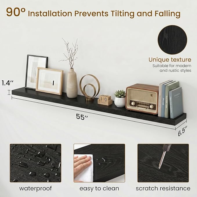 Dreamland Floating Shelves for Wall, Rustic Black Floating Shelves for Bathroom|Bedroom|Kitchen, Deep Wall Mounted Book Shelf, Wood Storage Display Shelf for Home Decor, Set of 2
