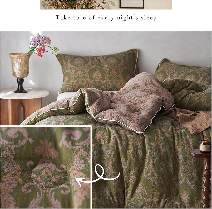 HighBuy Queen Comforter Set Muslin Cotton Bedding Set Paisley Floral Print Comforter Luxury Breathable Boho Comforter Sets Green,1 Lightweight Comforter (90"x90") and 2 Pillowcases (20"x26")