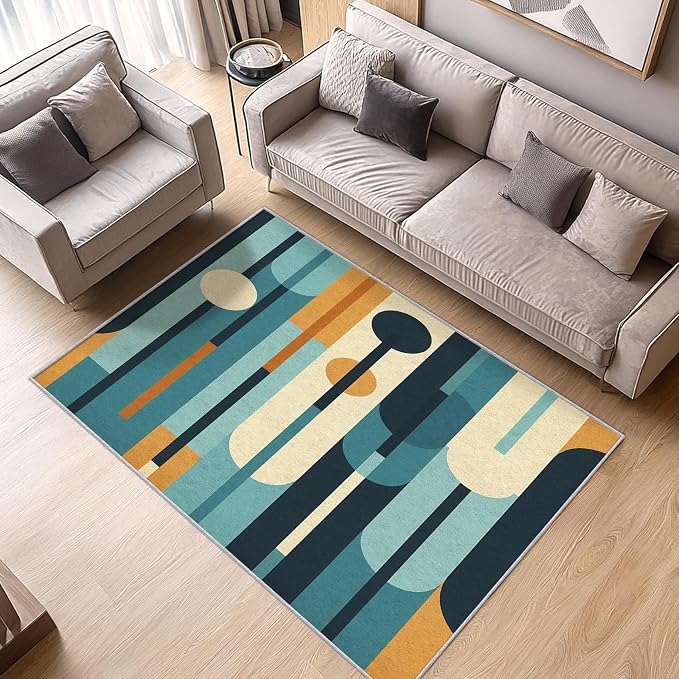 Mid Century Rug 3x5, Washable Modern Geometric Rugs for Living Room Bedroom, Abstract Mid-Century Area Rug for Home Decor, Non Slip Backing Floor Carpet - 3 x 5 ft