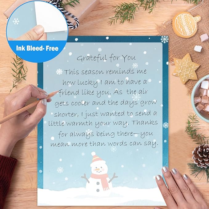 EggSun 250Pcs Christmas Winter Stationery Paper and Envelope Set with 100 Letterhead Papers and 50 Envelopes,10 Design for Letter Writing Invitations Computer Holidays Party Notes, 8.5x11 Inch-Snowman