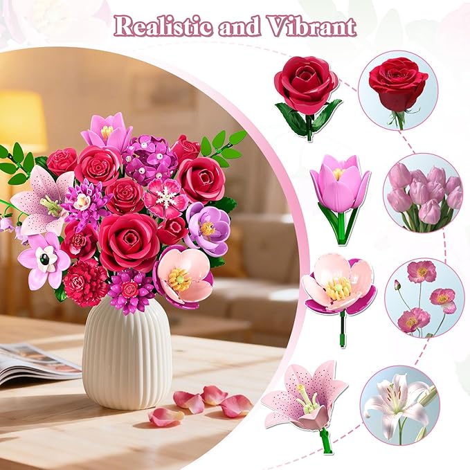 Flowers Bouquet Building Set with Light - 21 Rose Red Botanical Collection Building Block Set for Adults, 832 PCS Flower Plant Kit for Home Decor, for Her Women Girls Kids 12+