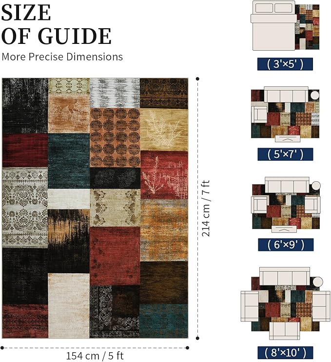 YIHOUSE Mid Century Modern Cowboy Area Rug 5x7 for Living Room,Retro Patchwork Rug Non Slip,Red and Brown Floral Farmhouse Rugs Washable, Geometric Boho Area Rug for Kitchen,Dining Room,Bedroom