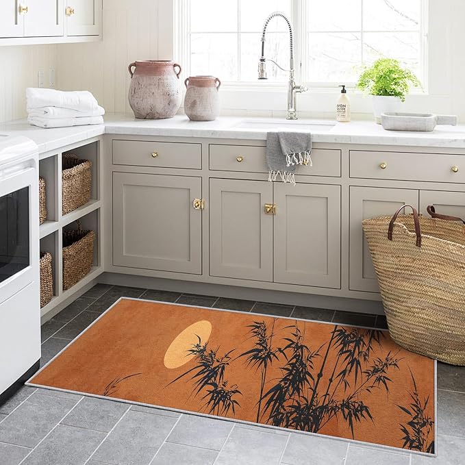 Small Area Rugs 2x4 Entryway, Oriental Bamboo Rug, Full Moon Sunset Design, Washable Kitchen Rug Non-Slip, Compact Carpet for Laundry Room & Powder Room, Asian Zen Nature Room Decor