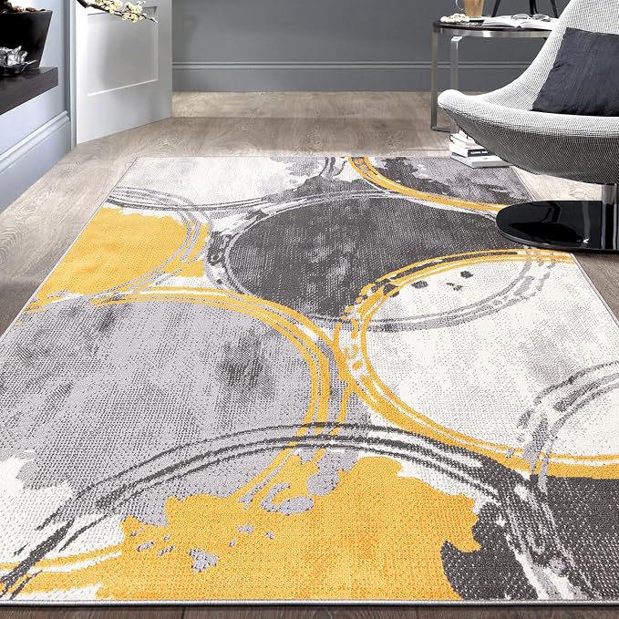 Rugshop Evora Modern Yellow Area Rug, Contemporary Circles Design, Non-Shedding Carpet for Large Living Room or Bedroom, 7'10" x 10'