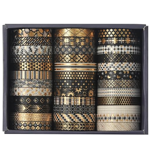 Songdao 36 Rolls Skinny Washi Tape Set Gold Foil Detailing Arts Adhesive Tapes Basic Patterns Decorative Masking Tape Sets for Craft, Kids, Scrapbook, DIY, Gift Wrapping (Black & Gold)