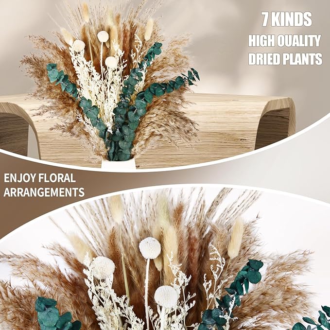 Musunny Dried Pampas Grass Decor ,17" Dried Flowers for Vase, Boho Dried Flower Bouquet with Eucalyptus for Farmhouse Home Room Office Décor