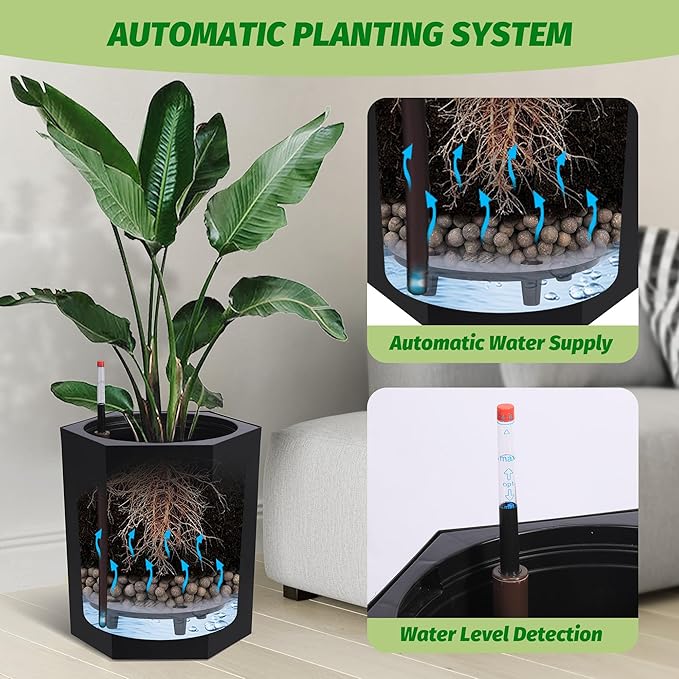 16in Flower Pot Set of 2, Self Watering Planters for Indoor Plants with Water Level Monitoring, Bottom Wheels and Water Outlet for Garden Plant Pots, Patio, Balcony, Lounge, Front Porch Decor