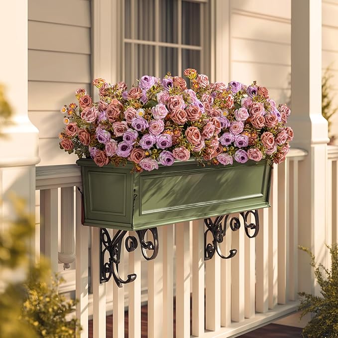 Artificial Rose Flowers for Outdoor 4 Bundles Rose Bouquet with Daisy Faux Flowers UV Resistant for Home Indoor Outside Garden Porch Window Box Balcony Yard Porch Fall Decor (Purple+Brown)