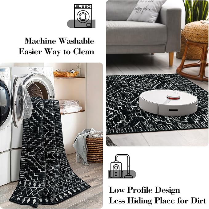 Wonnitar Moroccan 6x9 Area Rugs, Washable Black Rugs for Living Room, Large Soft Bedroom Throw Rug, Non-Slip Stain Resistant Thin Boho Floor Carpet for Dining Room Home Office Decor (Black,6'x9')