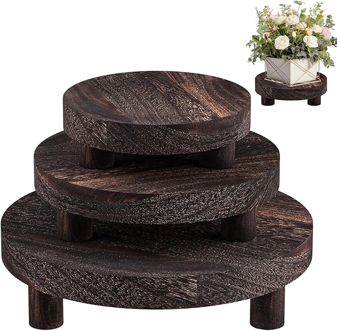 3 PCS Wooden Flower Plant Stand Indoor For Home Living Room Decor, Wood Plant Display Tray For Outdoor Planter Gardening Essentials, Wooden Food or Drinks Holders Tray Indoor.