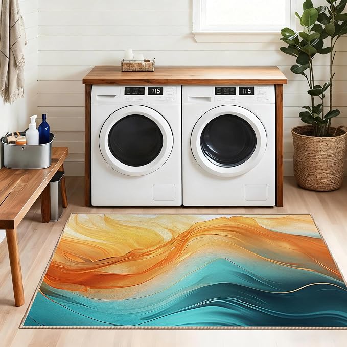 Teal Orange Living Room Rug Carpet 3x5, Turquoise Marble Decorative Area Rugs for Entryway Living Room Kitchen Bedroom, Orange Teal Gold Decor Carpet Non-Slip Machine Washable Indoor Entry Rug