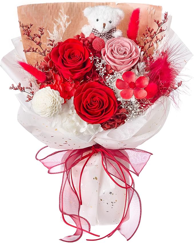 Polylove Forever Flower Bouquet Flowers for Delivery Prime Preserved Roses with Bear Gift Box for Wife Women Mother Day Anniversary Birthday (Red)