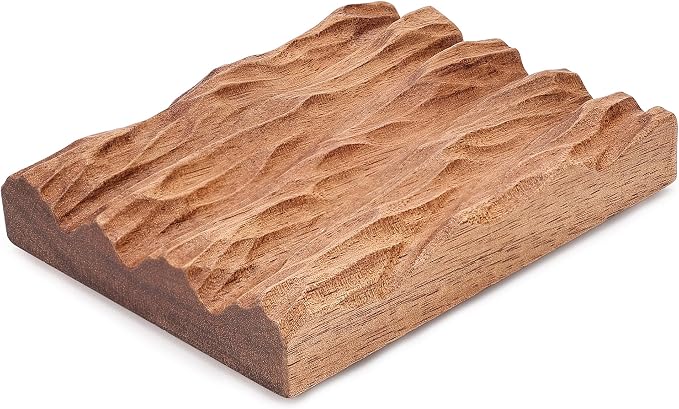 Acacia Wooden Soap Dish with Self Draining, Funny and Modern Multi Shape Design, Soap Holder for Sink Countertop, Shower & Bathroom Soap Tray。 (Wave-4.72“x3.47"x0.86")