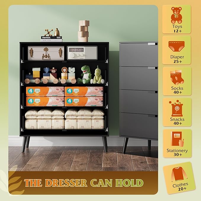 WLIVE 4 Drawer Dresser for Bedroom, Wooden Black Tall Dresser, Modern Dressers with Sturdy Metal Handle, Small Chest of Drawers for Living Room, Hallway