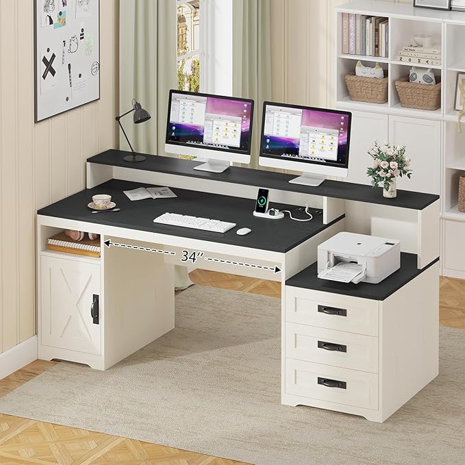 TVU Farmhouse Computer Desk with Drawers, 65'' Home Office Desk with Power Outlets, Storage Cabinet and Printer Stand, Study Writing Desks with Long Monitor Stand, Black and White