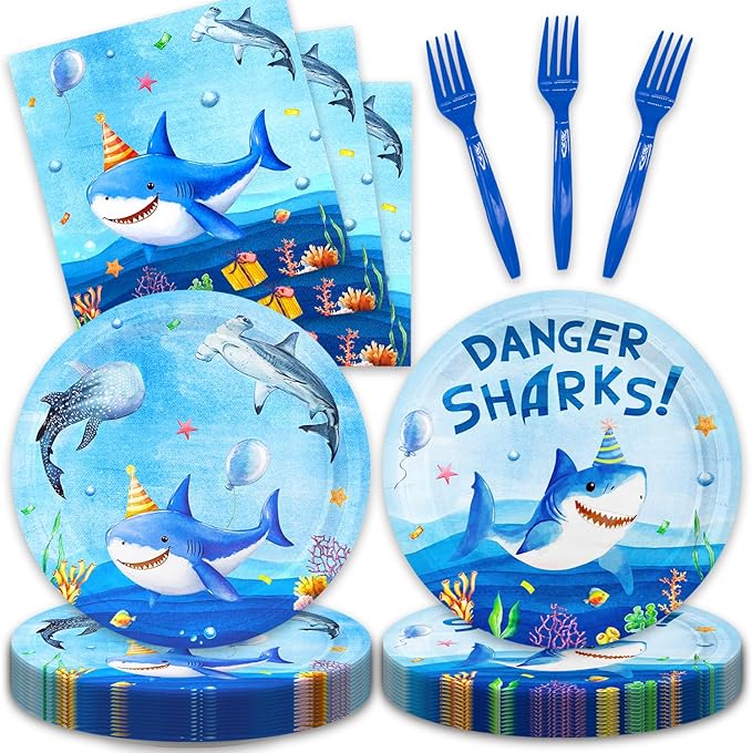 48Pcs Shark Birthday Party Decorations Include Plates Napkins Forks for Baby Shower Summer Pool Party Decor Serves 16 Guests