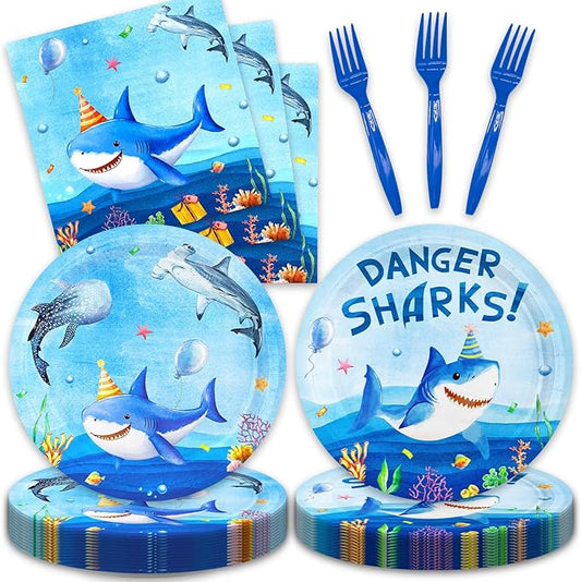48Pcs Shark Birthday Party Decorations Include Plates Napkins Forks for Baby Shower Summer Pool Party Decor Serves 16 Guests