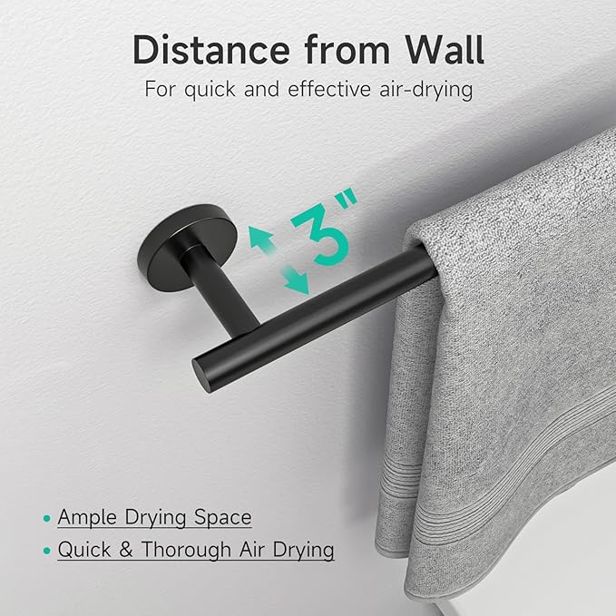 USHOWER Matte Black Towel Bar, 14-Inch Towel Rack for Bathroom Wall Mounted, Thicken SUS304 Stainless Steel Towel Rod Modern Home Decor (Total Length 16-Inch)