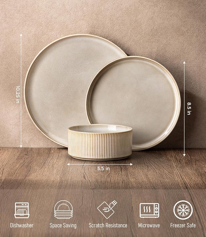 GBHOME 12-Piece Stoneware Dinnerware Set for 4 – Ribbed Ceramic Plates and Bowls, Scratch-Resistant, Microwave & Dishwasher Safe, Reactive Glaze, Cappuccino