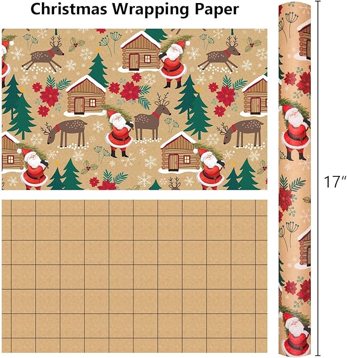 MAYPLUSS Christmas Wrapping Paper Roll - 17IN X 33FT - Kraft Gift Wrapping Paper Featuring Cute Santa Claus Christmas Tree Flower Reindeer Snowflake Reversible Cut Lines for Kids, Holiday, New Year
