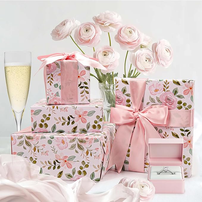 BIOBROWN Reversible Floral Wrapping Paper Roll - 30 Inches X 33 Feet (82.5 sq. ft. ttl.) Pink Watercolor Roses Design Flower Gift Wrap for Wedding, Bridal Shower, Mother's Day
