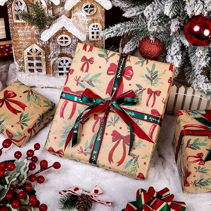 MAYPLUSS Christmas Wrapping Paper Roll - 17IN X 33FT - Kraft Gift Wrapping Paper Featuring Cute Bow Christmas Holly Reversible Cut Lines for Kids, Holiday, New Year