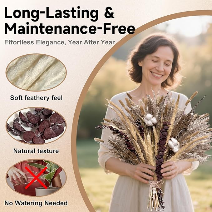 Pampas Grass Boho Home Decor 80PCS 17 inch Natural Dried Flowers for Vase Eucalyptus Stems Pompas Dried Flowers Bouquet DIY Arrangements Boho Wedding Bedroom Tables Rustic Decoration