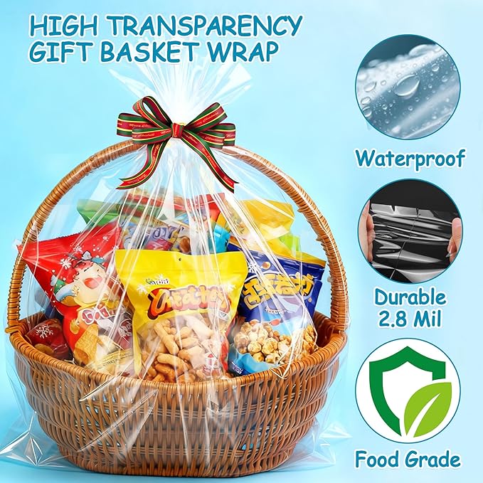 Extra Large Cellophane Bags 40x50 Inch - 12 PCS 2.8 Mil Thick Cellophane Wrap for Gift Baskets, Clear Plastic Gift Basket Bags for Thanksgiving, Christmas, Easter Presents/ Party Favors Packaging