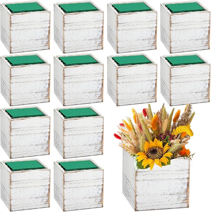 Dandat 12 Sets Wooden Cube Planter Boxes for Centerpiece 4 Inch Flower White Wood Rustic Square Vase with Removable Plastic Liner Floral Foam Block for Garden Wedding Christmas Home Arrangement Decor