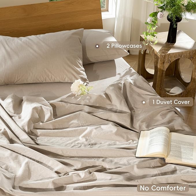 MooMee Bedding Duvet Cover Set 100% Washed Cotton Linen Like Textured Breathable Durable Soft Comfy (Heathered Taupe, Palatial King/Oversized King 120"x98")