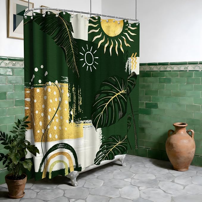 Extra Long Shower Curtain Extra Tall Green and Gold XL Abstract Tropical Leaf Shower Curtains for Large Bathroom Decor Sets, Waterproof Cloth Fabric with Hooks, 108x72 Inch