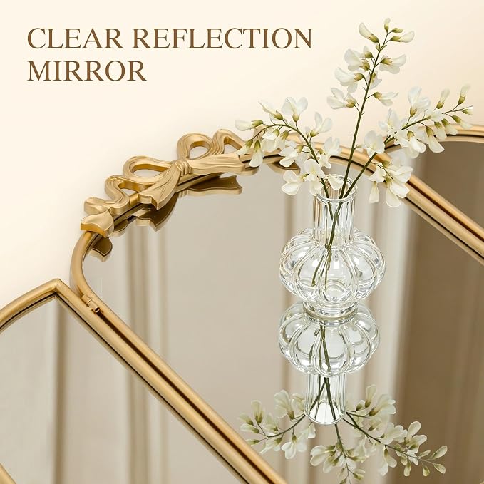 Besdomus Bow Vanity 3 Way Mirror: 36"x24" Gold Large Antique Wall Vanity Mirror - French Baroque Traditional Ornate for Bathroom/Bedroom/Living Room - Home Decor for Housewife