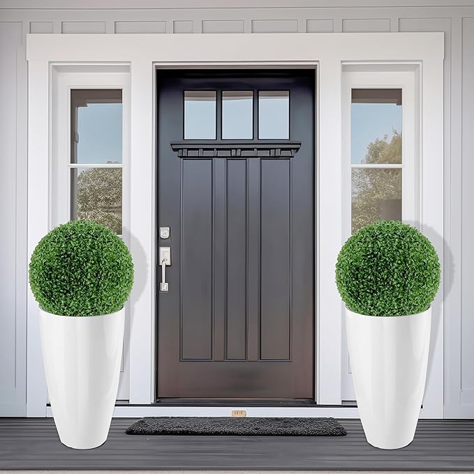 2 Packs 21 inch Tall Planter, Indoor Outdoor Round Planter for Porch, Large Plant Pot with Drainage Hole for Home Garden Front Door, Modern Decorative Pots for Plants (White)